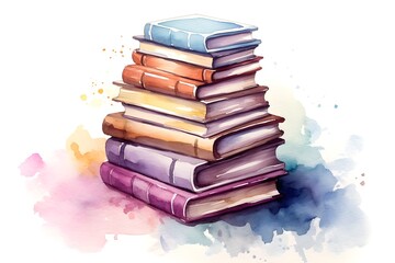 World book day concept. Watercolor Illustration with stack of books created  with Generative AI technology