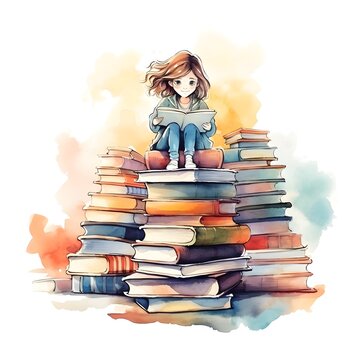 World book day concept. Watercolor Illustration with stack of books created  with Generative AI technology
