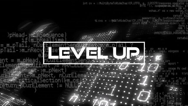 Animation of level up text over programming language and binary codes