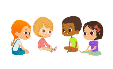 Smiling multicultural kids sit on floor in circle, play and talk. Children's entertainment, preschool and kindergarten activity concept. Vector illustration for website, banner, poster. - 628826360