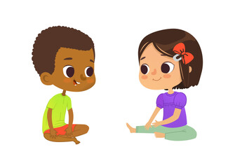 Boy and girl sitting on floor and talk. Vector illustration - 628826549