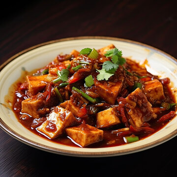 Chinese bean curd Szechuan style hot and spicy dish created with Generative AI technology