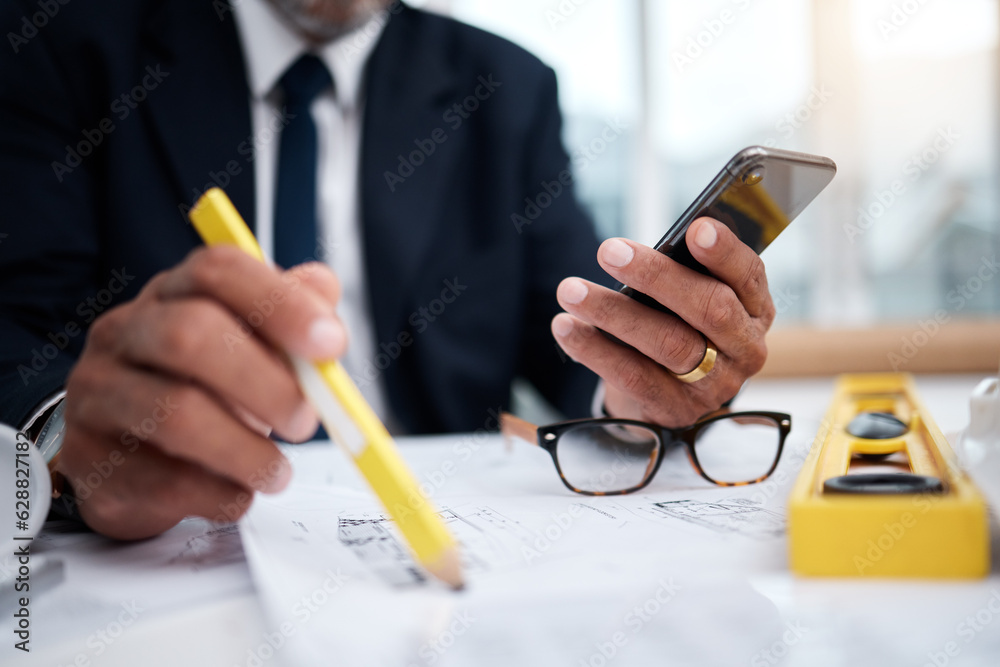Poster phone, hands and pencil of architect man in an office with a blueprint, drawing or floor plan projec