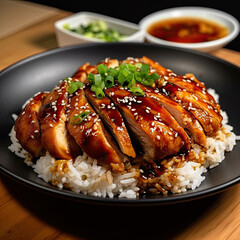 Chinese teriyaki chicken with white rice created with Generative AI technology