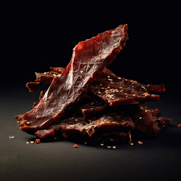 Beef jerky, pile, dried meat, snack, food, savory, protein-rich, dehydrated, dried beef, meaty, cured meat, meat snacks, jerky stack, beef product, chewy, preserved, salted, air-dried, high-protein, d