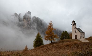 Church of cappella di san Maurizio at the Passo gardena pass in the Dolomites