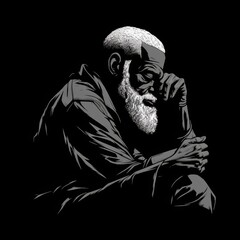 Black old man in thinking and doubts monochrome illustration. Male character with dreamy face on abstract background. Ai generated black and white sketch poster.