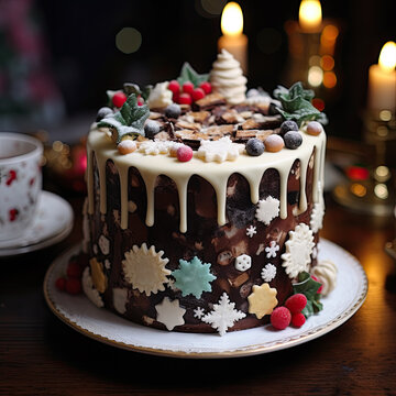 Decorated christmas cake show piece created with Generative AI technology