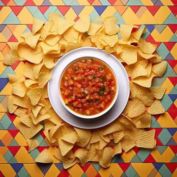 Mexican tortilla chips with salsa flat lay top view created with Generative AI technology