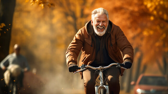 Happy senior man riding a bicycle during autumn. Happy retired man cycling. Trees with autumn colors in the background. Good life insurance.