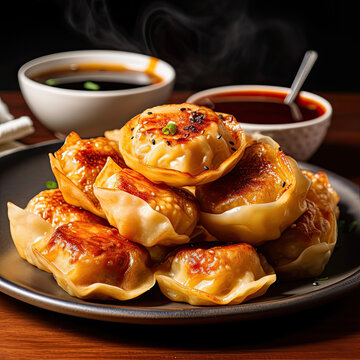 Chinese Fried dumplings with dipping sauce created with Generative AI technology