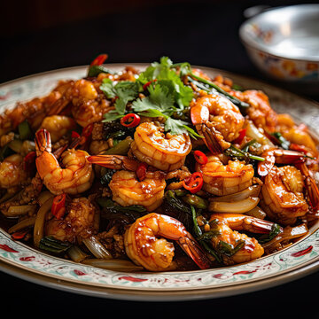 Chinese shrimp on fried rice dish created with Generative AI technology