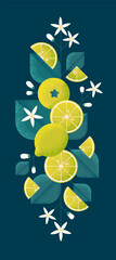Ripe Lemons with leaves and flowers. Illustration with grain and noise texture. 
