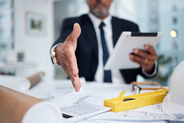 Hand extended, architect and a man in office for a handshake for welcome greeting or deal. POV of male engineer with a tablet and gesture for business negotiation, thank you and agreement or trust - obrazy, fototapety, plakaty