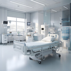 Interior of a hospital room with medical equipment and technology