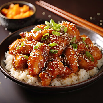 Chinese sesame chicken on dish created with Generative AI technology