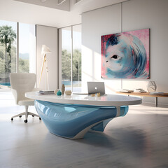 modern office desk table, background full of color painting