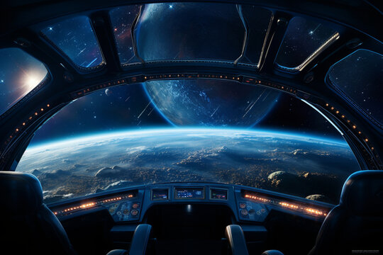 Futuristic Cockpit of spaceship control system room with planets view scenery, Outer space, astronaut. Planet horizon