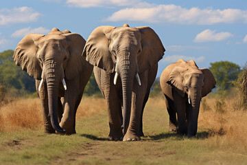 Fototapeta na wymiar Powerful Elephants Walking on Savannah Prairie. Generative AI