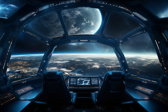 Futuristic Cockpit of spaceship control system room with planets view scenery, Outer space, astronaut. Planet horizon