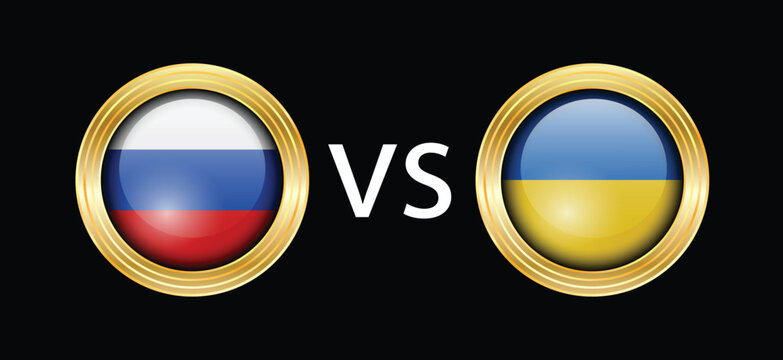 Russia vs Ukraine flag vector illustration, 3d vector illustration, Russia flag with gold circle shape, luxurious flag vector template 