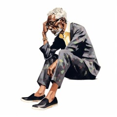Black old man in thinking and doubts watercolor illustration. Male character with dreamy face on abstract background. Ai generated watercolor poster.