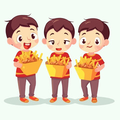Young boy holding a French fries box, cartoon illustration, kid.