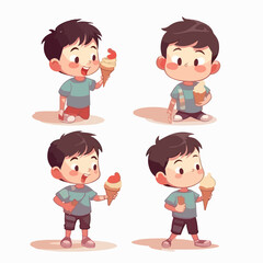 Kid with an ice-cream cone, vector pose, young kid, cartoon style.