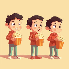 Boy savoring tasty popcorn, cartoon illustration, child, multipose.