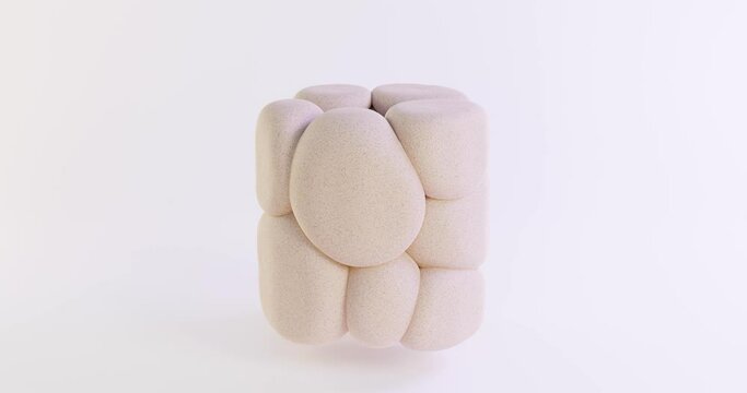 3d abstract animation of filling the cylinder volume with soft bodies, balls. Pink and beige balloons inflate and increase in volume. they become healthier, rounder. cosmetic brand White background