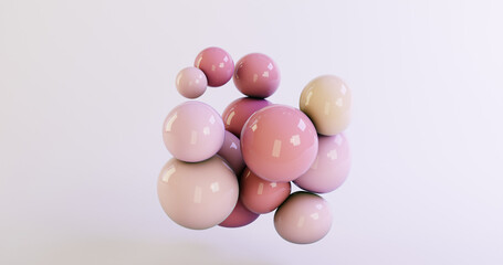 3d abstract illustration of pink and beige balloons, spheres floating. White background