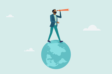 Globalization, global business vision, world economics or business opportunity concept, smart businessman standing on globe, planet earth using telescope to see vision or future opportunity.
