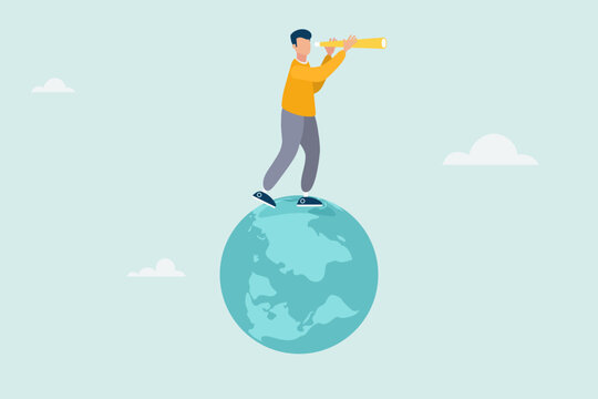 Globalization, Global Business Vision, World Economics Or Business Opportunity Concept, Smart Businessman Standing On Globe, Planet Earth Using Telescope To See Vision Or Future Opportunity.
