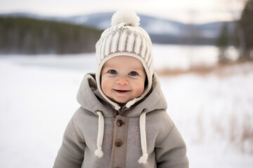portrait of a baby boy in winter - 628833599