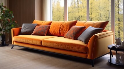 comfortable soft sofa decorative cushions spacious, generative ai