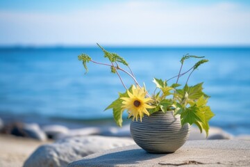 Summer Themed Flora Arrangment with a Beachscape Background