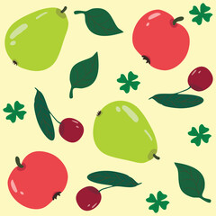 A seamless pattern with summer fruit, apples, pears, cherries and leaves