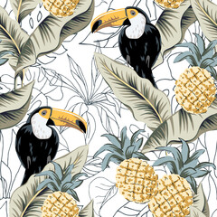 Toucans, pineapples, palm leaves, white background. Vector floral seamless pattern. Tropical illustration. Exotic plants, birds. Summer beach design. Paradise nature