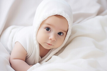 Fototapeta na wymiar Sweet newborn baby lying on bed on white blanket