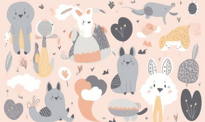 Abstract doodles. Baby animals pattern. Fabric pattern.  illustration with cute animals. Nursery baby pattern illustration, Generative AI