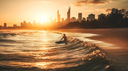 A surfer riding a wave at Burleigh Heads on the Gold Coast in Queensland Australia with the Surfers Paradise buildings in the background in golden afternoon sunlight - obrazy, fototapety, plakaty