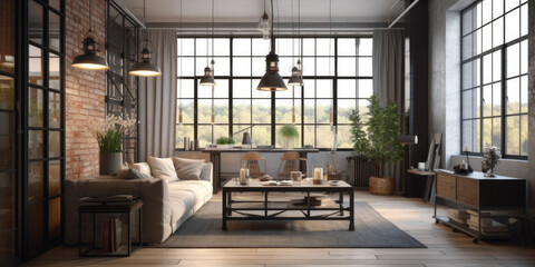 Living room in industrial style. Generative AI