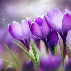 A close-up of a spring crocus flower captures its beauty adorned with glistening raindrops