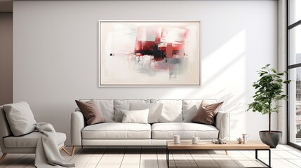 painting on white wall above sofa, generative ai