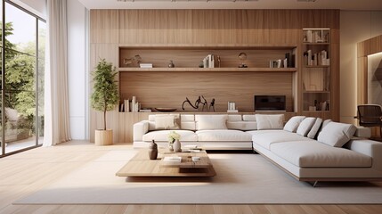 Fototapeta na wymiar stylish modern wooden living room white, generative ai