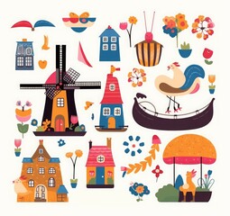 illustration in cartoon style with symbols of Netherlands, Generative AI