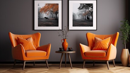 two orange armchairs poster modern living room, generative ai


