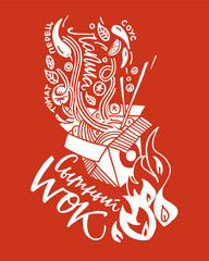 Delicious wok, noodles with vegetables and seafood for cafe restaurant menu, graphic picture with lettering, poster postcard with minimalism, street food poster