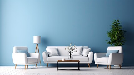 Fototapeta na wymiar white sofa blue armchair living room, generative ai