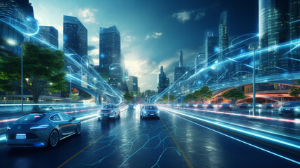 Smart city Futuristic cityscape with light trails connect with wave line creative design, big data connection technology concept, Digital skyline